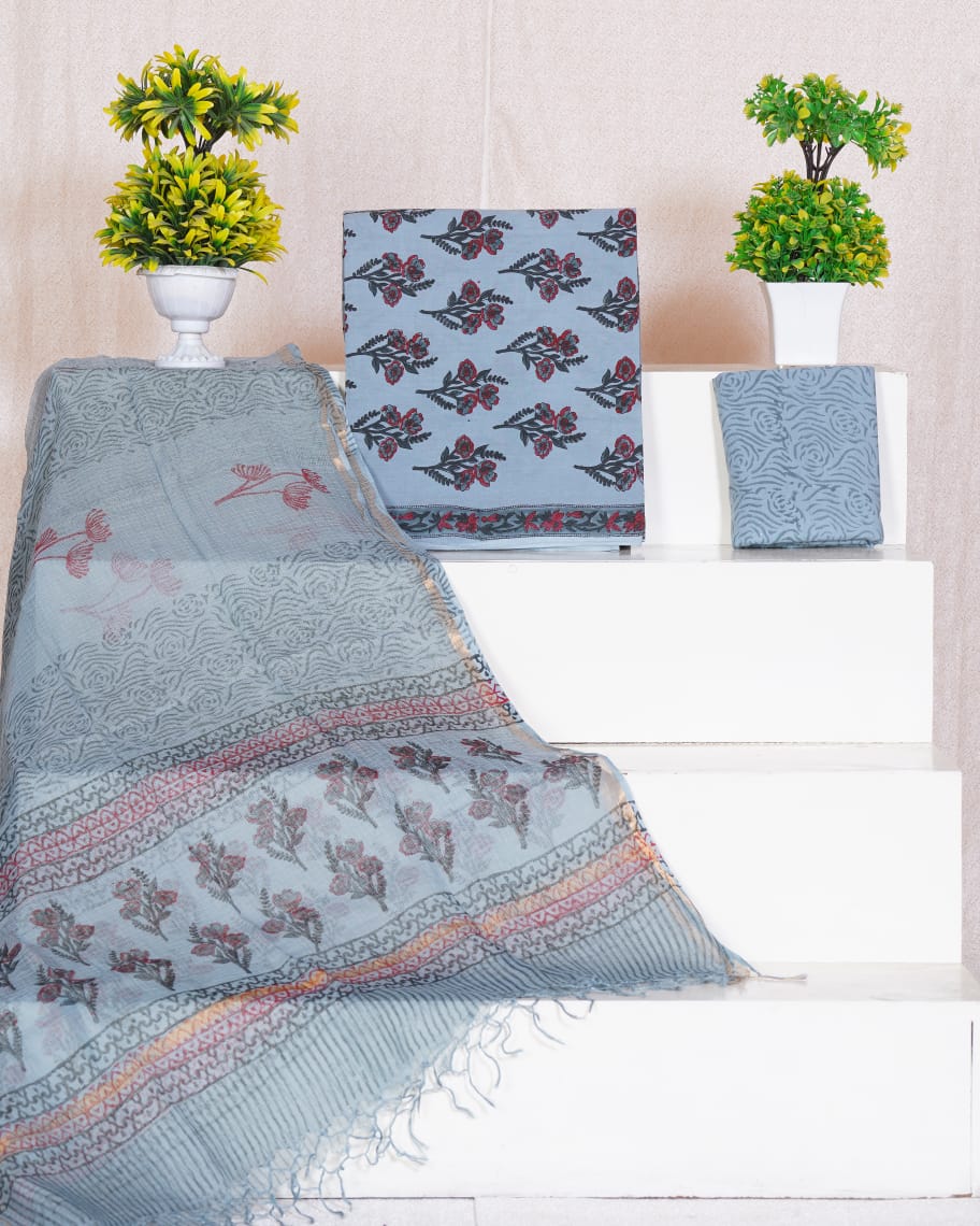 Pure Cotton Unstitched Suit With Pure Kota Doria Dupatta With Jari Border