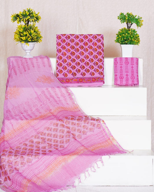 Pure Cotton Unstitched Suit With Pure Kota Doria Dupatta With Jari Border