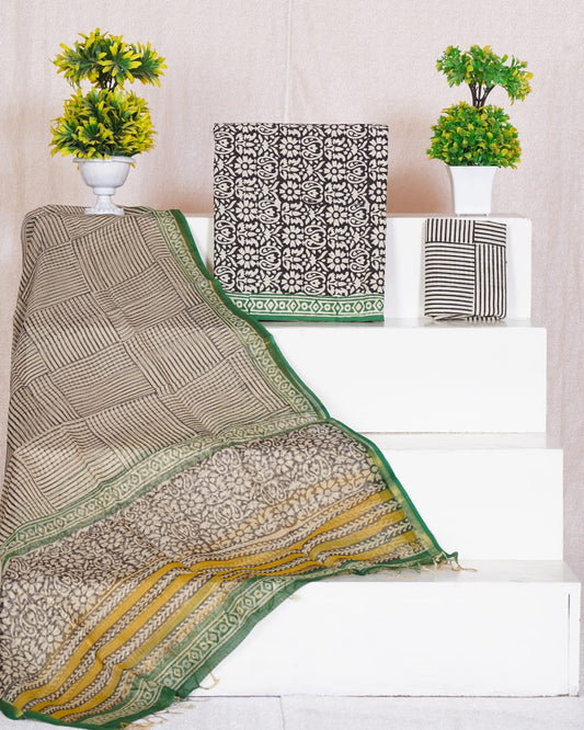 Pure Cotton Unstitched Suit With Pure Kota Doria Dupatta With Jari Border