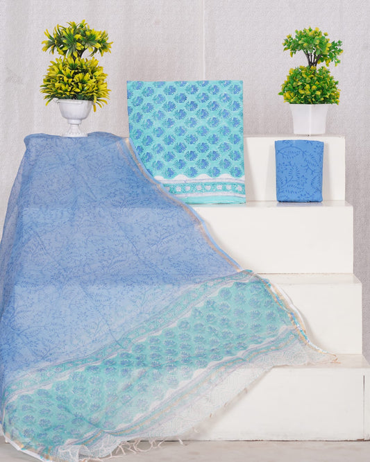 Pure Cotton Unstitched Suit With Pure Kota Doria Dupatta With Jari Border