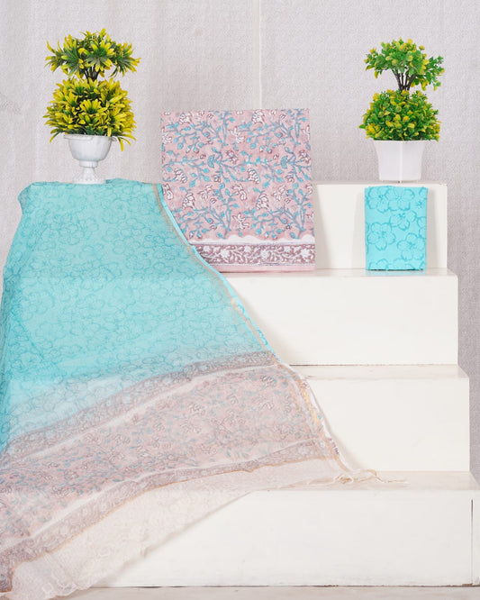 Pure Cotton Unstitched Suit With Pure Kota Doria Dupatta With Jari Border