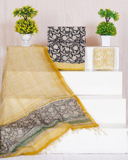 Pure Cotton Unstitched Suit With Pure Kota Doria Dupatta With Jari Border