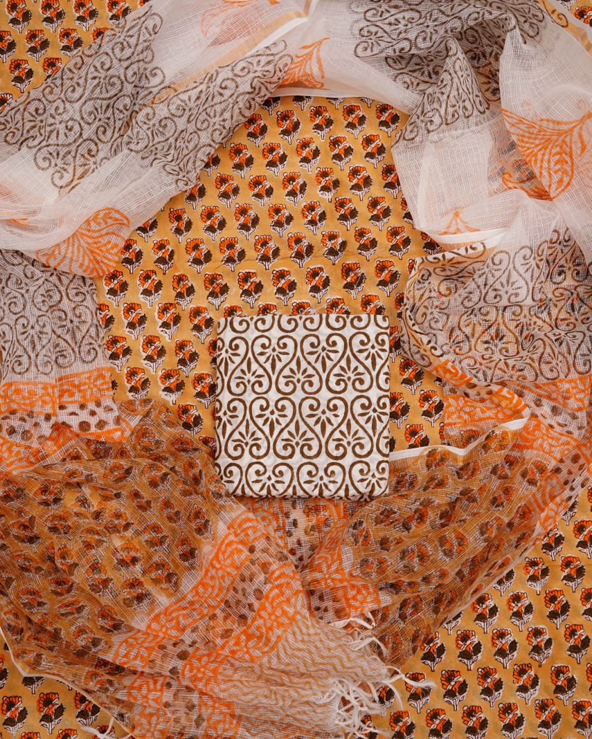 Pure Cotton Unstitched Suit With Pure Kota Doria Dupatta With Jari Border