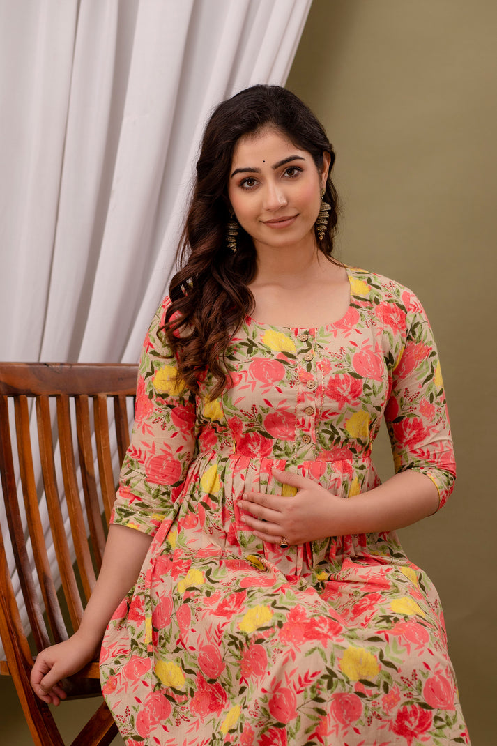 New Exclusive Cotton Cambric Floral Printed With Zip Design Maternity Gawn