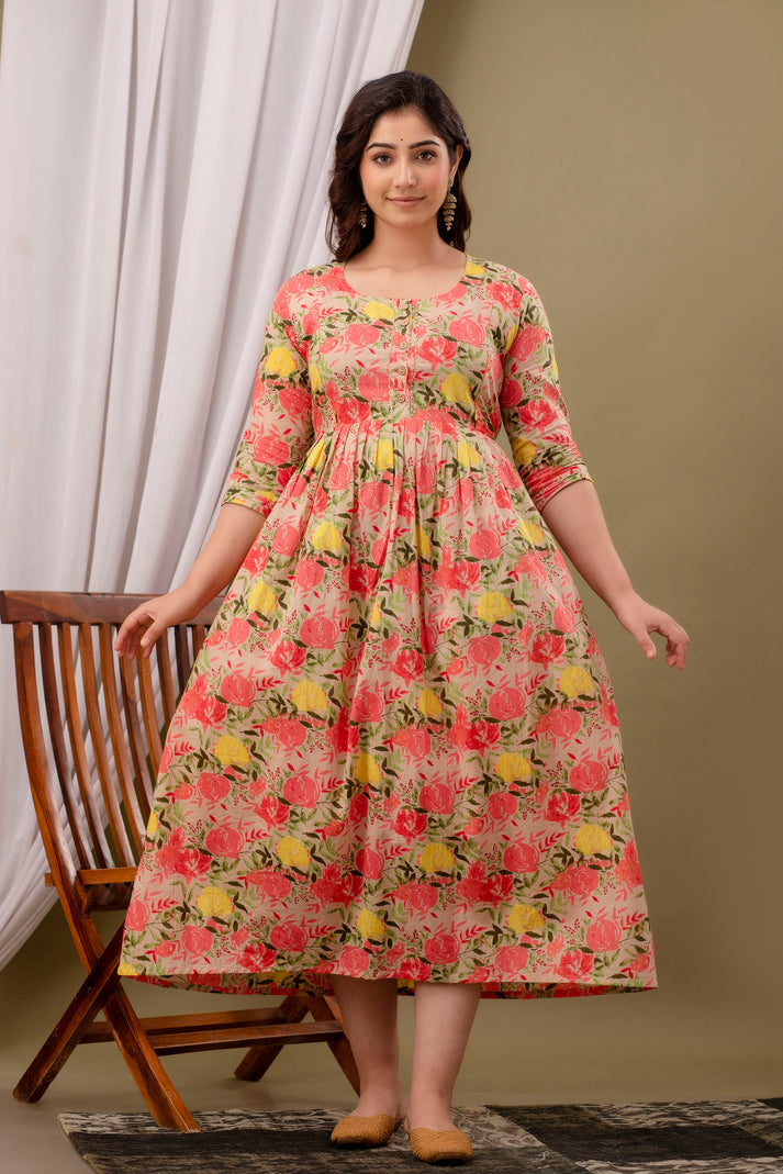 New Exclusive Cotton Cambric Floral Printed With Zip Design Maternity Gawn