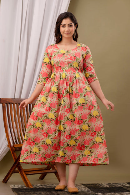 New Exclusive Cotton Cambric Floral Printed With Zip Design Maternity Gawn