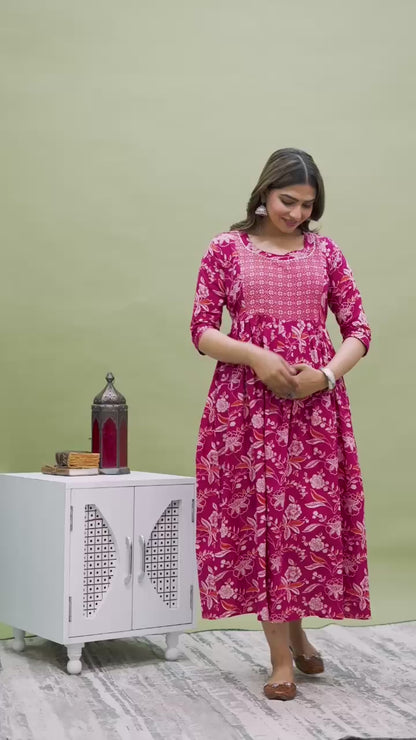 New Exclusive Cotton Cambric Floral Printed With Zip Design Maternity Gawn