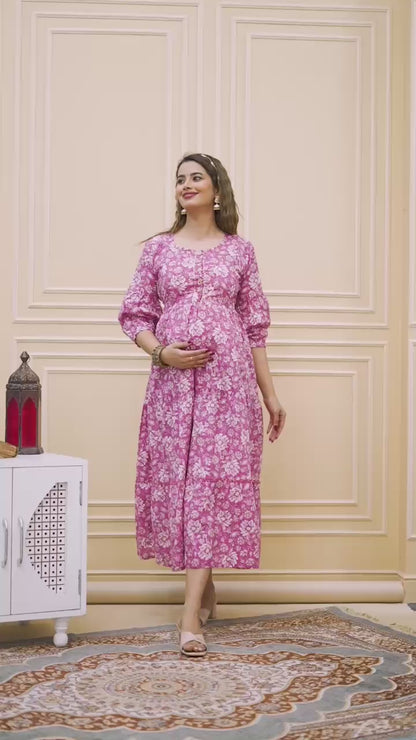 New Exclusive Cotton Cambric Floral Printed With Zip Design Maternity Gawn