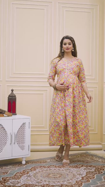 New Exclusive Cotton Cambric Floral Printed With Zip Design Maternity Gawn