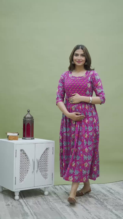 New Exclusive Cotton Cambric Floral Printed With Zip Design Maternity Gawn