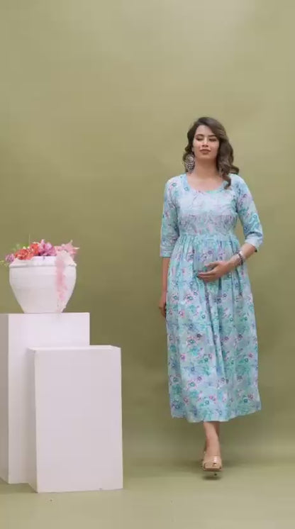 New Exclusive Cotton Cambric Floral Printed With Zip Design Maternity Gawn