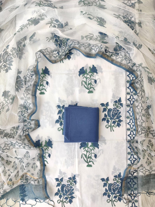 Hand block printed cotton suit kota doria dupatta